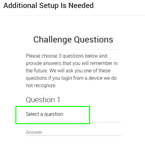 Challenge Questions screen