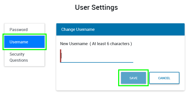 Change Username screen