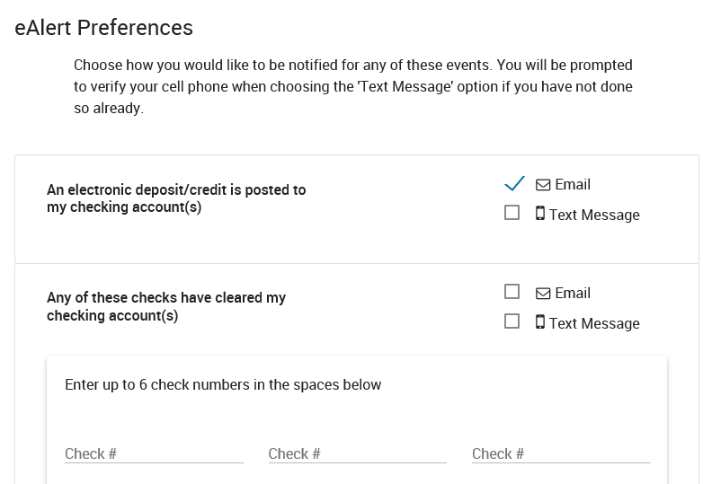 eAlerts Preferences screen